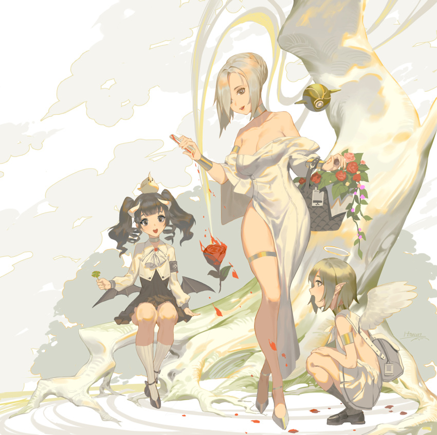 3girls :d angel angel_wings backless_dress backless_outfit backpack bag bangs bare_shoulders black_dress black_eyes black_footwear black_legwear blonde_hair blunt_bangs breasts child clover cropped_jacket demon_girl demon_horns demon_wings dress drill_hair feathered_wings flower four-leaf_clover gown grey_eyes hair_bun hair_over_one_eye halo handbag highres horns itoucon jacket jewelry kneehighs large_breasts loafers long_hair long_sleeves looking_at_another multiple_girls necklace off-shoulder_dress off_shoulder open_mouth original pleated_dress pointy_ears red_flower red_rose rose shoes short_hair side_slit sitting smile squatting standing test_tube thighlet tree twin_drills twintails white_dress white_footwear white_hair white_jacket white_legwear white_wings wings