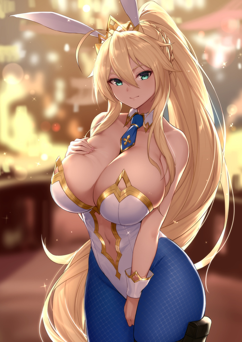 1girl artoria_pendragon_(all) artoria_pendragon_(swimsuit_ruler)_(fate) bangs blonde_hair blue_legwear blush breasts bunnysuit fate/grand_order fate_(series) highres large_breasts leotard long_hair looking_at_viewer phil smile solo white_leotard