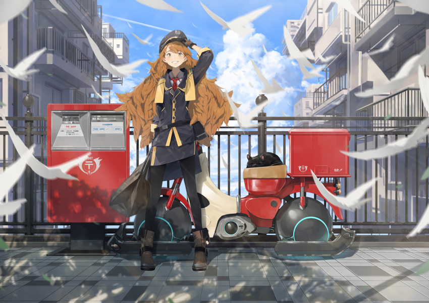 1girl adjusting_headwear bag belt bird black_cat black_legwear blush boots bridge brown_eyes brown_hair building cat clouds commentary condensation_trail dappled_sunlight feather_hair gloves grin ground_vehicle hand_up hat highres long_hair mailman motor_vehicle motorcycle necktie original pantyhose peaked_cap postbox_(outgoing_mail) pouch railing scenery science_fiction shadow skirt sky smile solo somehira_katsu sunlight white_bird
