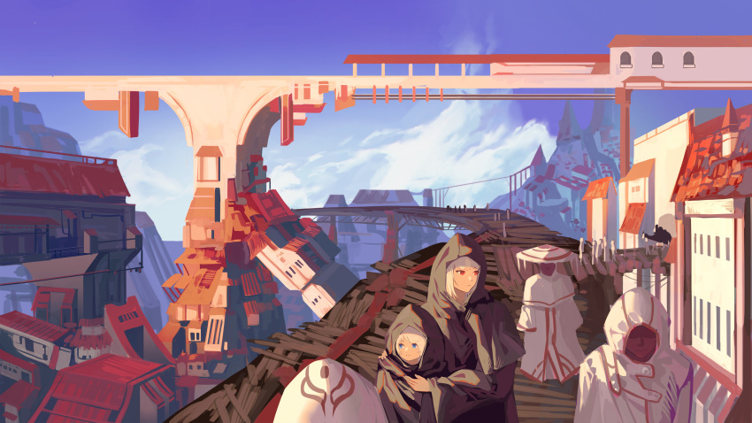 2girls bangs black_robe blue_eyes bridge building clouds day faceless fantasy frown hand_on_another's_shoulder hat highres hood hood_up hooded_robe long_sleeves looking_away looking_to_the_side multiple_girls nervous no_eyes original outdoors red_eyes sky walking wangxiii white_hair white_headwear white_robe