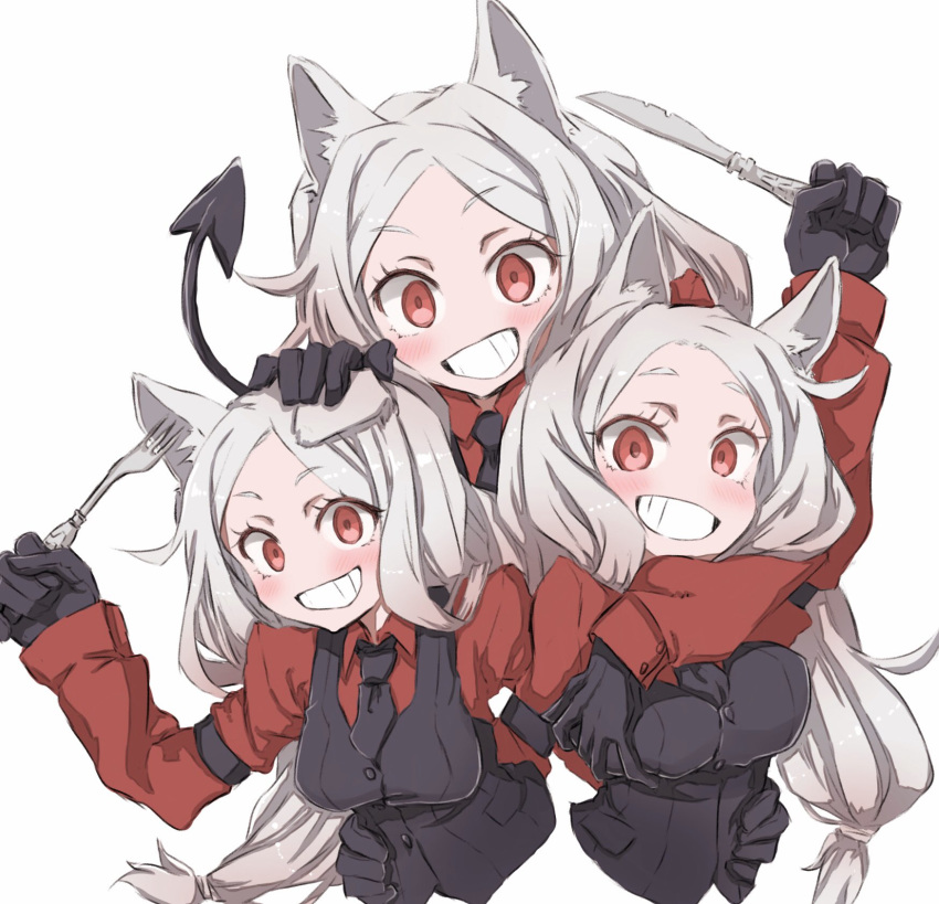 1boy 3girls :d animal_ears black_gloves black_neckwear black_tail blush breasts cerberus_(helltaker) closed_mouth collared_shirt demon_girl demon_tail dog_ears dog_girl eyebrows_visible_through_hair fang fork gloves helltaker highres huge_breasts large_breasts long_hair looking_at_viewer monster_girl multiple_girls necktie neckwear nipples nwny_psn_ver2 red_eyes red_shirt shirt siblings simple_background sisters smile tail triplets upper_body white_background white_hair