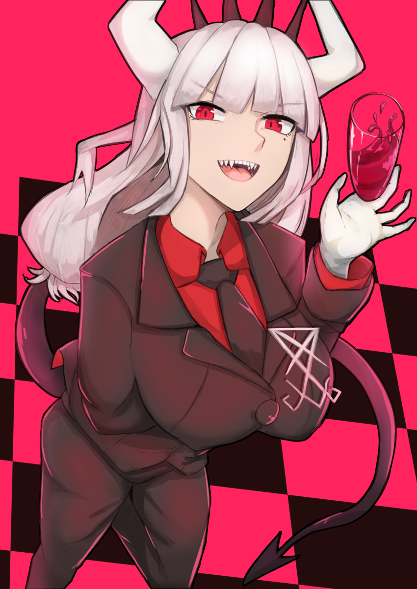 1girl black_suit black_tail breasts business_suit cup demon_horns drinking_glass formal from_above helltaker highres horns large_breasts long_hair looking_at_viewer lucifer_(helltaker) mole mole_under_eye necktie pant_suit red_eyes red_shirt sharp_teeth shiny shiny_hair shirt silver_hair smile solo standing suit tail teeth tongue uchisukui white_horns wine_glass