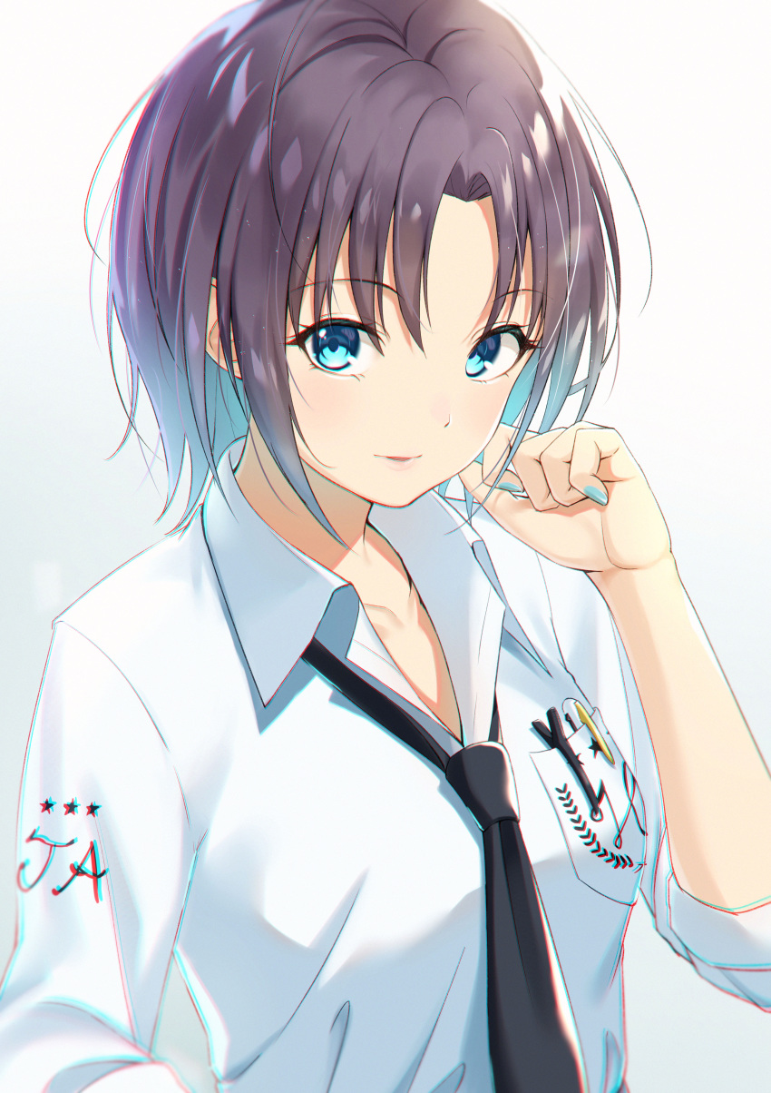 absurdres aqua_eyes asakura_tooru bangs black_neckwear blue_nails breasts brown_hair chromatic_aberration collarbone commentary_request dress_shirt hair_strand hand_on_own_face highres idolmaster idolmaster_shiny_colors looking_at_viewer parted_lips pen_in_pocket shirt short_hair small_breasts tsunenorip upper_body white_background white_shirt
