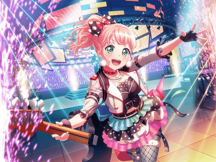 1girl bang_dream! blush dress glowstick green_eyes holding_instrument looking_at_viewer official_art open_mouth pearl_necklace pink_hair polka_dot_bow pom_pom_earrings ponytail short_hair smile solo stage stage_lights uehara_himari
