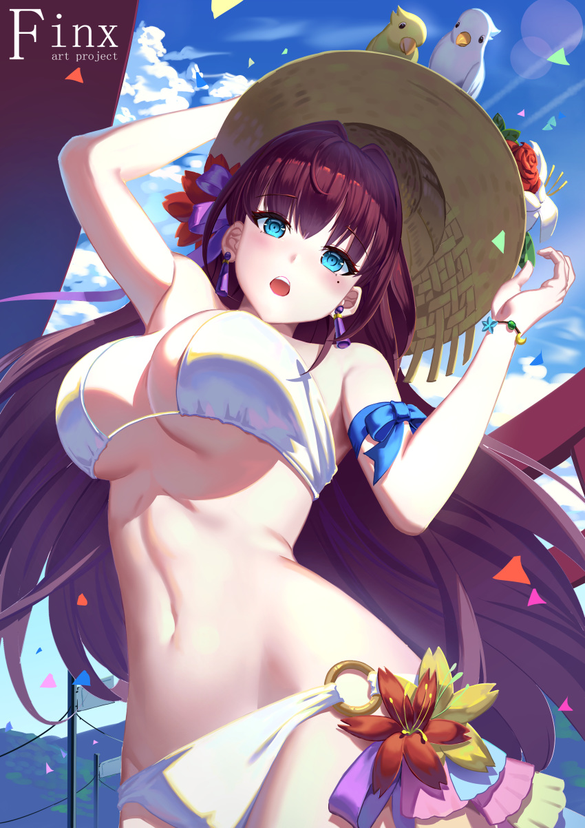 1girl absurdres aqua_eyes armband arms_up bangs bikini bird blue_bow blue_sky bow bracelet breasts brown_hair clouds confetti day earrings eyebrows_visible_through_hair finx flower from_below hair_flower hair_intakes hair_ornament hair_ribbon hat hat_flower highres jewelry large_breasts light_rays long_hair navel o-ring o-ring_bottom open_mouth original outdoors power_lines ribbon sky straw_hat swimsuit torii tree under_boob upper_teeth white_bikini