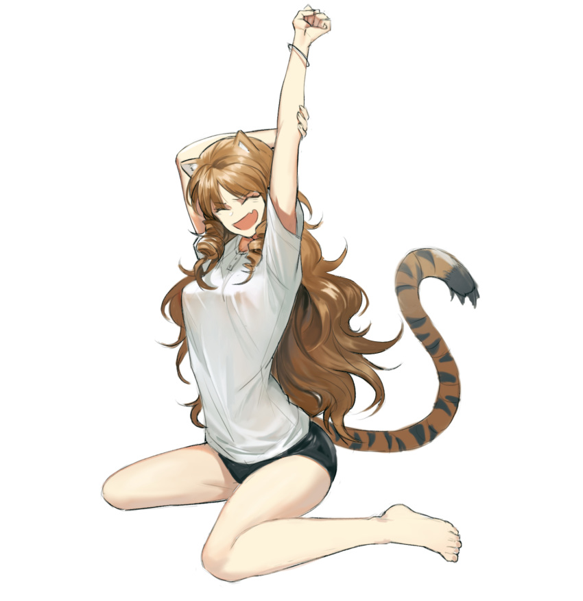 1girl animal_ears arknights arms_up bare_legs barefoot black_shorts bracelet breasts commentary drill_hair english_commentary fang highres jewelry kupikuuu light_brown_hair long_hair medium_breasts open_mouth shirt short_shorts short_sleeves shorts side_drill simple_background sitting solo stretch swire_(arknights) tail thighs tiger_ears tiger_tail twin_drills wavy_hair white_background white_shirt yawning
