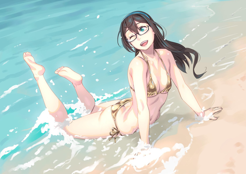 1girl aqua_eyes aqua_hairband beach bikini black-framed_eyewear black_hair breasts glasses gold_bikini hair_between_eyes hairband highres kantai_collection long_hair navel ocean one_eye_closed ooyodo_(kantai_collection) open_mouth side-tie_bikini small_breasts smile solo swimsuit water yuuji_(and)