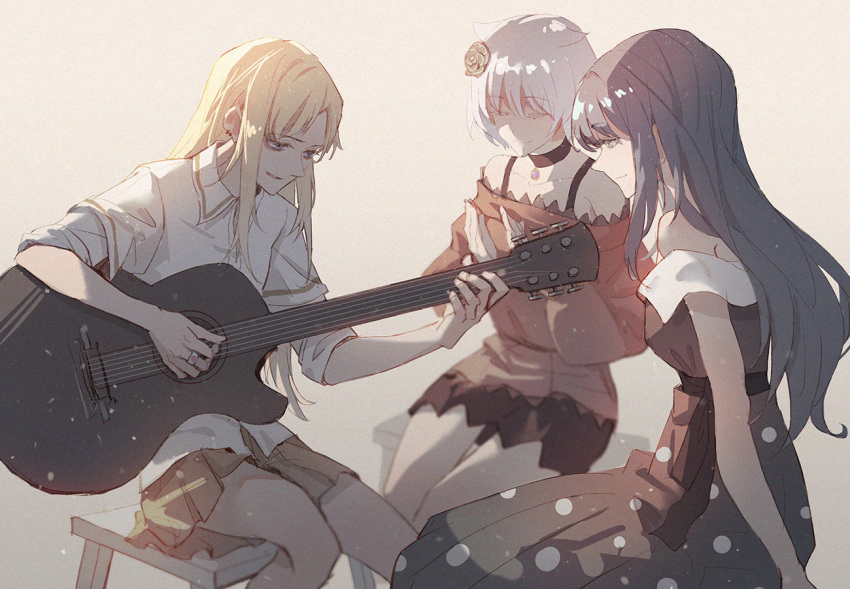 3girls acoustic_guitar arm_support azusa_mifuyu backlighting bare_arms bare_legs bare_shoulders black_choker black_dress black_neckwear blonde_hair blue_eyes blue_hair blurry blurry_background breasts choker closed_eyes closed_mouth collarbone collared_shirt colored_eyelashes depth_of_field die_(die0118) dress earrings eyebrows_visible_through_hair facing_viewer feet_out_of_frame gradient gradient_background grey_background guitar hair_between_eyes half-closed_eyes hands_up instrument jewelry knees_together_feet_apart light_particles light_smile long_hair looking_down magia_record:_mahou_shoujo_madoka_magica_gaiden mahou_shoujo_madoka_magica medium_breasts multiple_girls music nanami_yachiyo off-shoulder_dress off-shoulder_shirt off_shoulder orange_sailor_collar orange_skirt parted_lips playing_instrument polka_dot polka_dot_dress puffy_sleeves ring sailor_collar shaded_face shiny shiny_hair shirt short_hair short_sleeves sideboob sidelocks simple_background sitting skirt small_breasts soul_gem spaghetti_strap stool straight_hair thighs upper_body violet_eyes white_hair white_shirt yukino_kanae