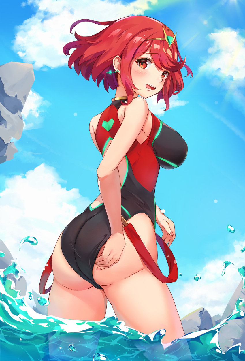 1girl ass bangs black_swimsuit blush breasts cowboy_shot earrings from_behind from_below highres pyra_(xenoblade) jewelry kiiro_kimi large_breasts looking_at_viewer one-piece_swimsuit red_eyes redhead short_hair sky solo swept_bangs swimsuit tiara water xenoblade_(series) xenoblade_2