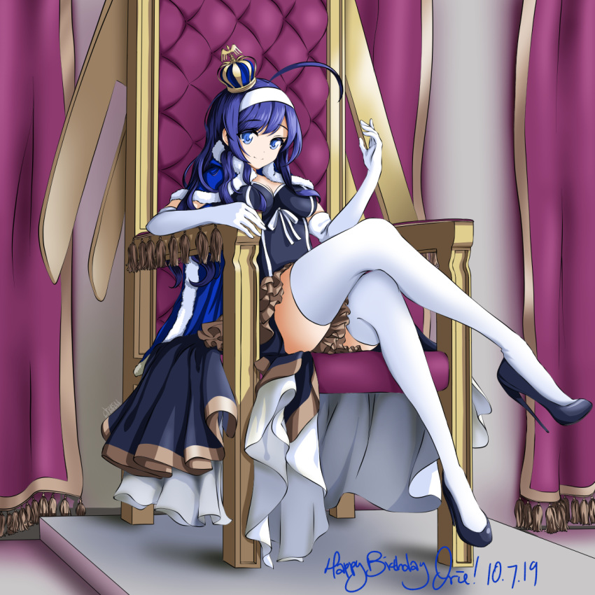 1girl 2019 adapted_costume ahoge black_footwear blue_eyes blue_hair breasts cape chaesu crossed_legs crown elbow_gloves full_body fur_trim gloves hairband happy_birthday high_heels highres huge_ahoge legs long_hair long_legs medium_breasts mini_crown orie_(under_night_in-birth) pelvic_curtain sitting smile solo stiletto_heels throne under_night_in-birth under_night_in-birth_exe:late[st] white_gloves white_hairband white_legwear