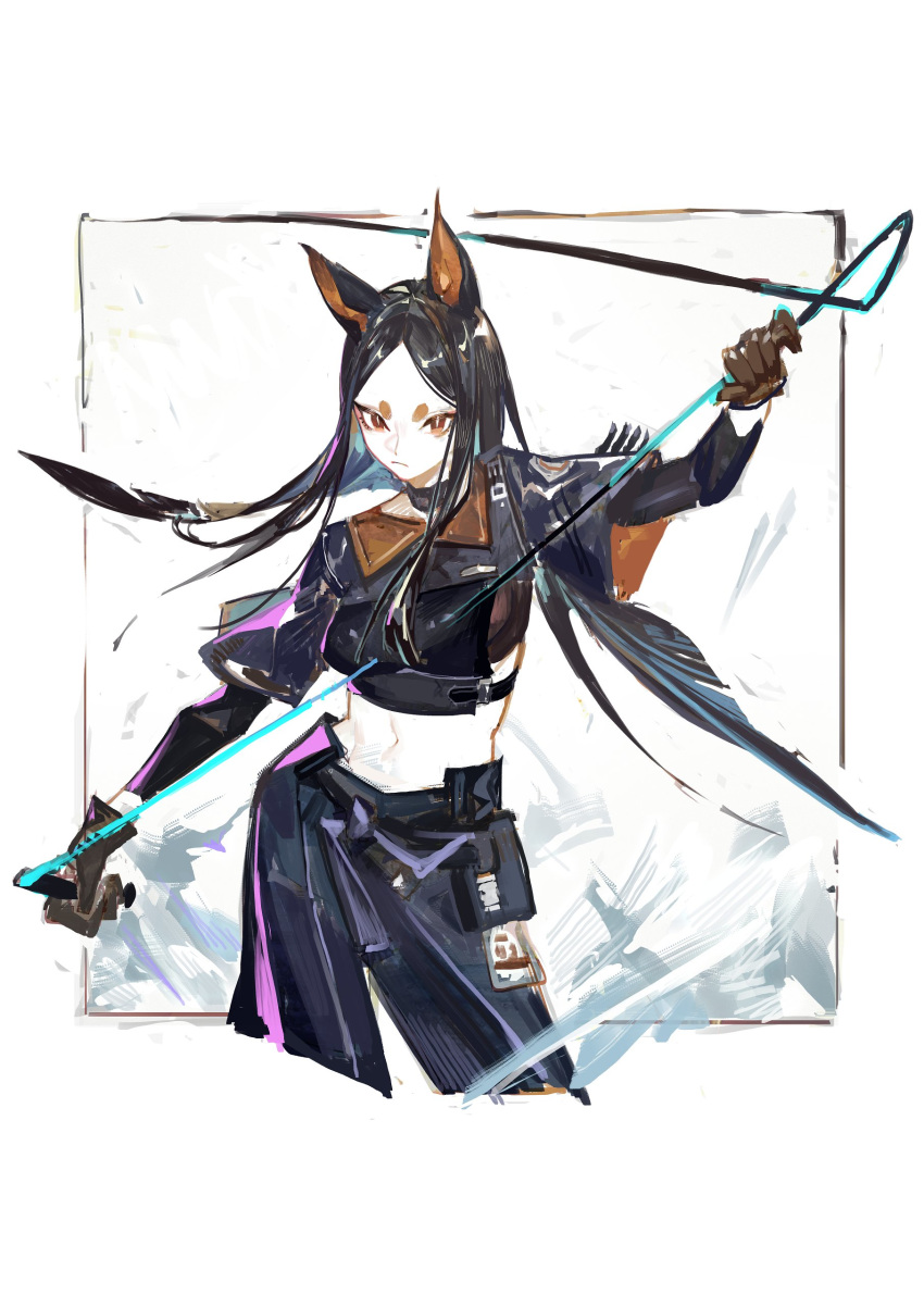 1girl absurdres animal_ears arknights bangs black_choker black_hair black_pants black_shirt border breasts brown_gloves chinese_commentary choker closed_mouth commentary contrapposto cowboy_shot cropped_shirt dobermann_(arknights) dog_ears frown gloves highres long_hair looking_at_viewer medium_breasts midriff navel outside_border pants parted_bangs pipidan red_eyes shirt sideboob simple_background solo thick_eyebrows whip white_background