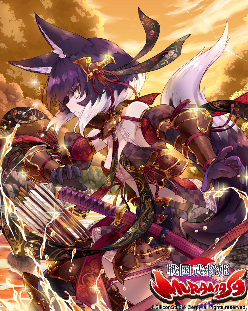 1girl animal_ears armpit_peek arrow_(projectile) bare_shoulders belt breasts crop_top detached_sleeves faulds fox_ears fox_girl fox_tail from_side gloves gold_trim hair_ornament highres japanese_clothes katana looking_away magic midriff multicolored_hair official_art outdoors parted_lips profile purple_gloves purple_hair quiver ramuya_(lamb) revealing_clothes sengoku_bushouki_muramasa serious sheath sheathed short_hair small_breasts solo sword tail two-tone_hair vambraces watermark weapon yellow_eyes