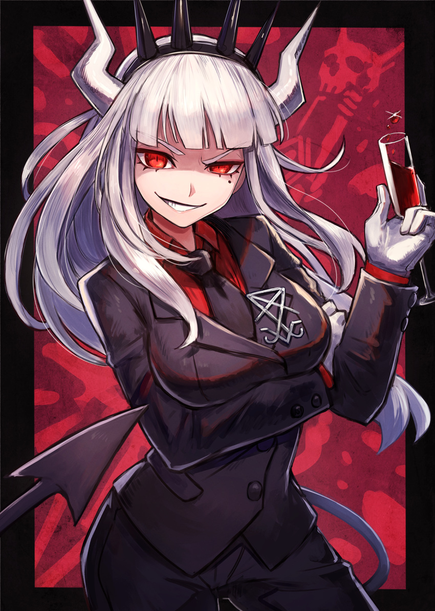 1girl black_jacket black_pants blazer breast_hold breasts champagne_flute cowboy_shot cup demon_girl demon_horns demon_tail drinking_glass gloves grin helltaker highres holding horns jacket kuroi_susumu large_breasts long_hair long_sleeves looking_at_viewer lucifer_(helltaker) mole mole_under_eye necktie pants red_background red_eyes red_shirt shaded_face shirt smile solo tail tiara undershirt uneven_eyes v-shaped_eyebrows white_gloves white_hair