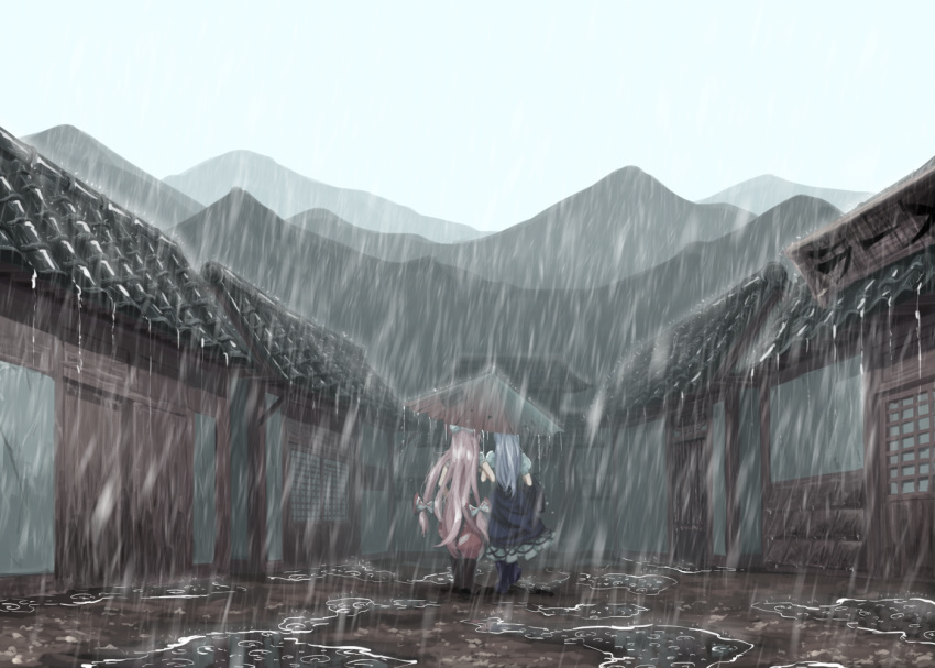 2girls architecture blue_dress blue_hair boots commentary_request dress east_asian_architecture from_behind fujiwara_no_mokou hair_ribbon human_village_(touhou) kamishirasawa_keine locked_arms long_hair mountainous_horizon mud multiple_girls oriental_umbrella overcast pants partial_commentary pink_hair puddle puffy_short_sleeves puffy_sleeves rain red_pants ribbon rubber_boots shared_umbrella shirt short_sleeves sunyup touhou umbrella very_long_hair walking_away white_shirt wide_shot yuri