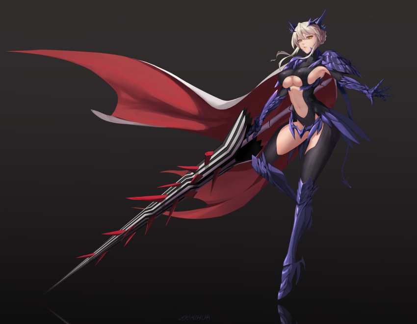 1girl absurdres armor armored_boots artoria_pendragon_(all) artoria_pendragon_(lancer_alter) bangs black_armor black_bodysuit bodysuit boots braid breasts cape center_opening dark_rhongomyniad fate/grand_order fate_(series) faulds french_braid full_body gauntlets grey_background hair_between_eyes highres horns kl1251787363 large_breasts long_hair looking_at_viewer navel parted_lips pauldrons revealing_clothes sidelocks silver_hair under_boob yellow_eyes