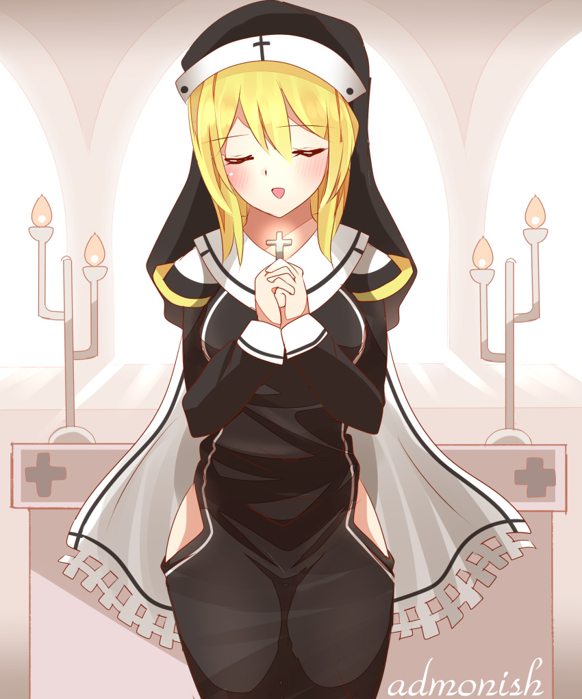 1girl :d absurdres bangs black_dress blonde_hair blush breasts candlestand closed_eyes commentary_request dress english_text eyebrows_visible_through_hair facing_viewer fire habit hair_between_eyes hands_clasped hands_up highres indoors latin_cross long_hair long_sleeves medium_breasts non_(wednesday-classic) nun open_mouth original own_hands_together sleeves_past_wrists smile solo