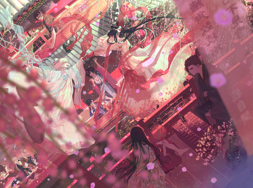 alternate_costume architecture backgammon black_hair bridge brown_hair chacha_(fate/grand_order) chinese_clothes commentary_request crossed_arms cushion double_bun drunk dutch_angle east_asian_architecture falling_petals fate/grand_order fate_(series) floating flower from_above hair_bun highres hijikata_toshizou_(fate/grand_order) indian_style japanese_clothes jinbei kimono koha-ace long_hair looking_at_another mori_nagayoshi_(fate) multicolored_hair nagao_kagetora_(fate) oda_nobukatsu_(fate/grand_order) oda_nobunaga_(fate) oda_nobunaga_(fate)_(all) okada_izou_(fate) okita_souji_(fate) okita_souji_(fate)_(all) open_mouth oryou_(fate) outdoors petals plant platinum_blonde_hair ponytail potted_plant redhead robe rooftop sakamoto_ryouma_(fate) shawl sitting smile straight_hair streaked_hair topknot upper_teeth warabi_tama white_hair wooden_floor