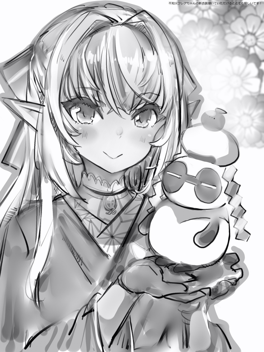 1girl bow closed_mouth dark_elf elf eyebrows_visible_through_hair gloves greyscale hair_bow hair_intakes highres hololive japanese_clothes kimono long_hair looking_at_viewer monochrome nanashi_(nlo74593630) pointy_ears shiranui_flare smile solo upper_body