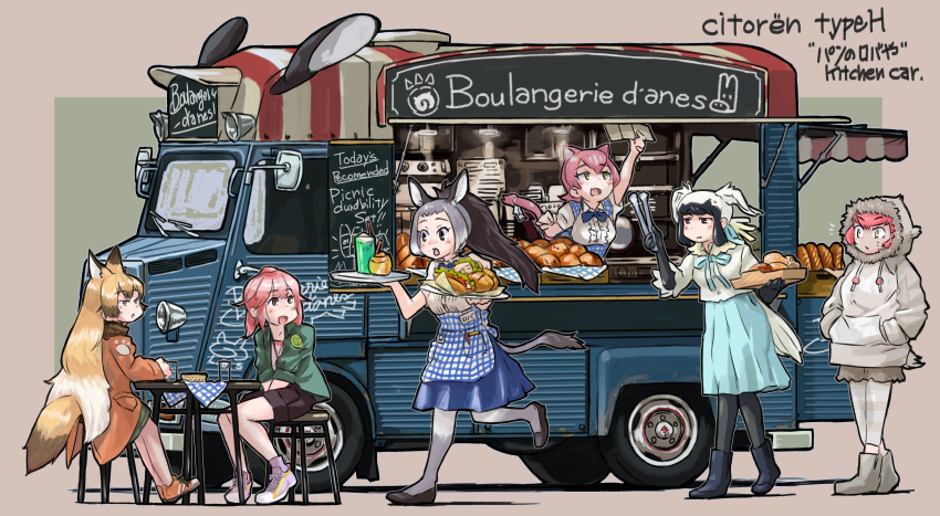 6+girls absurdres alternate_costume animal_ears apron bangs bare_arms bare_legs black_eyes black_hair blonde_hair boots bread brown_eyes brown_hair casual character_request coat contemporary cup donkey_(kemono_friends) donkey_ears donkey_tail drink drinking_glass extra_ears eyebrows_visible_through_hair ezo_red_fox_(kemono_friends) fang food fox_ears fox_tail full_body grey_hair ground_vehicle hands_in_pockets high_ponytail highres holding holding_tray hood hood_up hoodie japanese_macaque_(kemono_friends) japari_symbol kemono_friends long_hair long_sleeves looking_at_another medium_hair motor_vehicle multicolored_hair multiple_girls nana_(kemono_friends) open_clothes open_shirt panther_ears panther_girl panther_tail pantyhose peach_panther_(kemono_friends) pink_eyes pink_hair pocket red_eyes running shirt shoes short_sleeves shorts sitting skirt smile stool table tail toriny tray very_long_hair waitress walking white_hair yellow_eyes