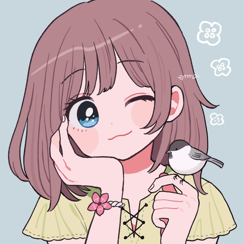 1girl ;) animal bangs bird bird_on_finger blouse blue_background blue_eyes blush_stickers bracelet brown_hair closed_mouth eyebrows_visible_through_hair flower flower_(symbol) hand_on_own_face head_tilt highres jewelry looking_at_viewer medium_hair nokanok one_eye_closed original pink_flower portrait short_sleeves signature simple_background smile solo