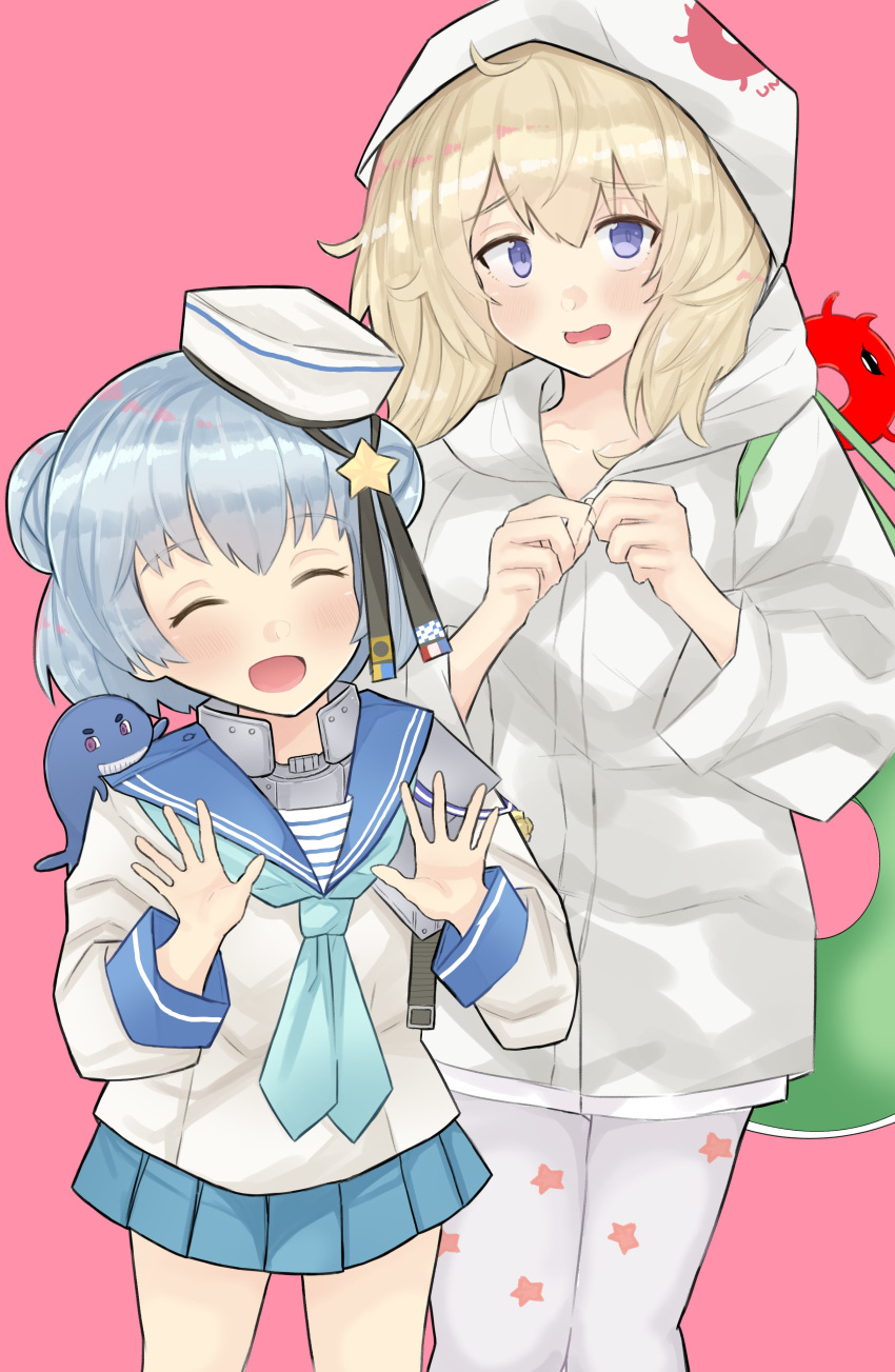 2girls 2others absurdres aqua_neckwear aqua_skirt blonde_hair blue_eyes blue_hair blue_sailor_collar closed_eyes commentary_request dixie_cup_hat dokuganryuu double_bun dress enemy_lifebuoy_(kantai_collection) facing_viewer gambier_bay_(kantai_collection) hairband hat highres hood hood_up hooded_dress hoodie kantai_collection little_blue_whale_(kantai_collection) long_sleeves looking_at_viewer military_hat miniskirt multiple_girls multiple_others navy_cross open_mouth pink_background pleated_skirt sailor_collar samuel_b._roberts_(kantai_collection) school_uniform serafuku shinkaisei-kan shirt short_hair skirt sleeve_cuffs star star_print starry_background whale white_dress white_headwear white_legwear white_shirt