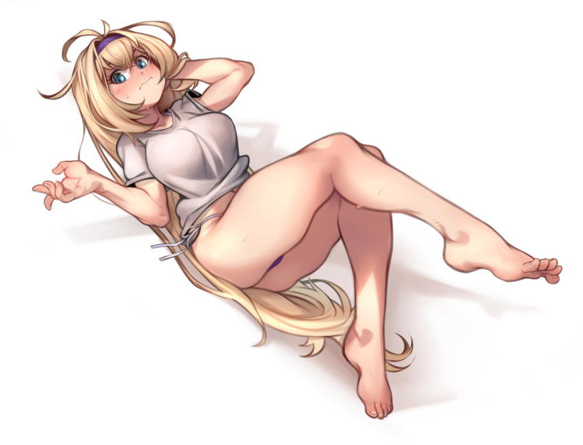 1girl absurdres barefoot bikini blonde_hair blue_eyes blush breasts commission embarrassed full_body granblue_fantasy hair_intakes hairband hand_in_hair highres invisible_chair jeanne_d'arc_(granblue_fantasy) kelvin_hiu leg_up long_hair looking_at_viewer medium_breasts messy_hair navel purple_bikini purple_hairband reclining revision side-tie_bikini sitting solo sweat sweatdrop swimsuit thick_thighs thighs toes very_long_hair
