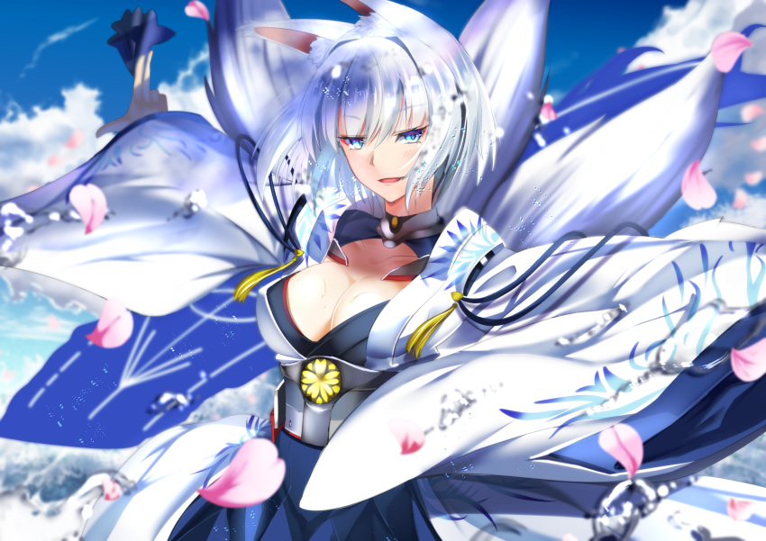 1girl :d animal_ears azur_lane blue_eyes blue_skirt blush breasts cleavage_cutout commentary_request day fox_ears fox_girl fox_tail highres ishida_katsuzane japanese_clothes kaga_(azur_lane) kimono kitsune large_breasts long_sleeves looking_at_viewer multiple_tails open_mouth outdoors petals short_hair silver_hair skirt smile solo splashing tail water white_kimono wide_sleeves