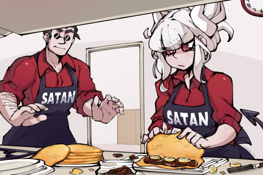 1boy 1girl apron banana_slice black_hair clock clothes_writing cooking crepe demon_girl demon_horns demon_tail food helltaker helltaker_(character) highres horns kitchen lucifer_(helltaker) mole mole_under_eye muscle open_mouth red_eyes red_shirt saane shirt sleeves_rolled_up sunglasses table tail white_hair white_horns
