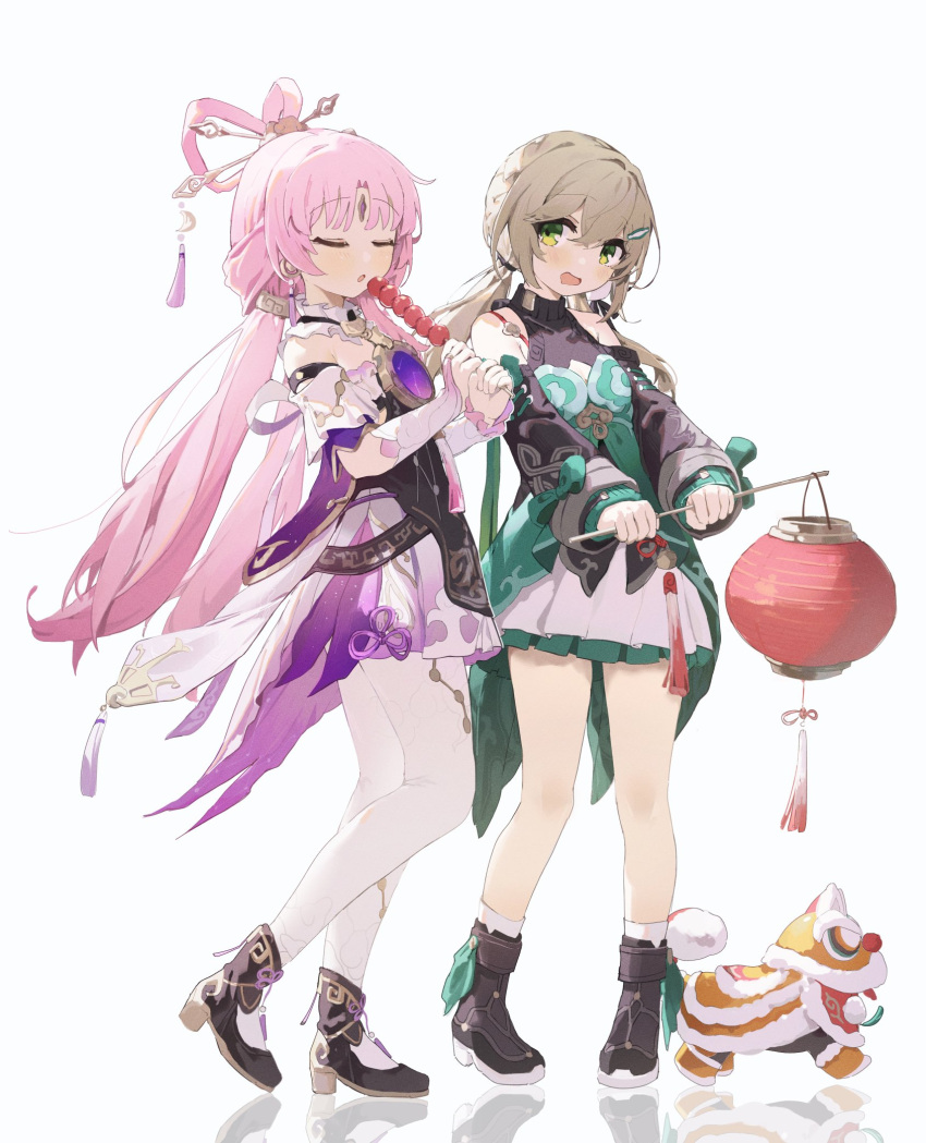 2girls black_footwear bow-shaped_hair closed_eyes collar coria detached_collar detached_sleeves dress drooling food forehead_jewel fu_xuan_(honkai:_star_rail) full_body green_eyes hair_ornament highres holding holding_food holding_lantern honkai:_star_rail honkai_(series) lantern light_brown_hair long_hair long_sleeves looking_at_another low_twintails multiple_girls pantyhose parted_lips pink_hair qingque_(honkai:_star_rail) short_sleeves simple_background skirt socks standing twintails white_background white_collar white_pantyhose white_socks