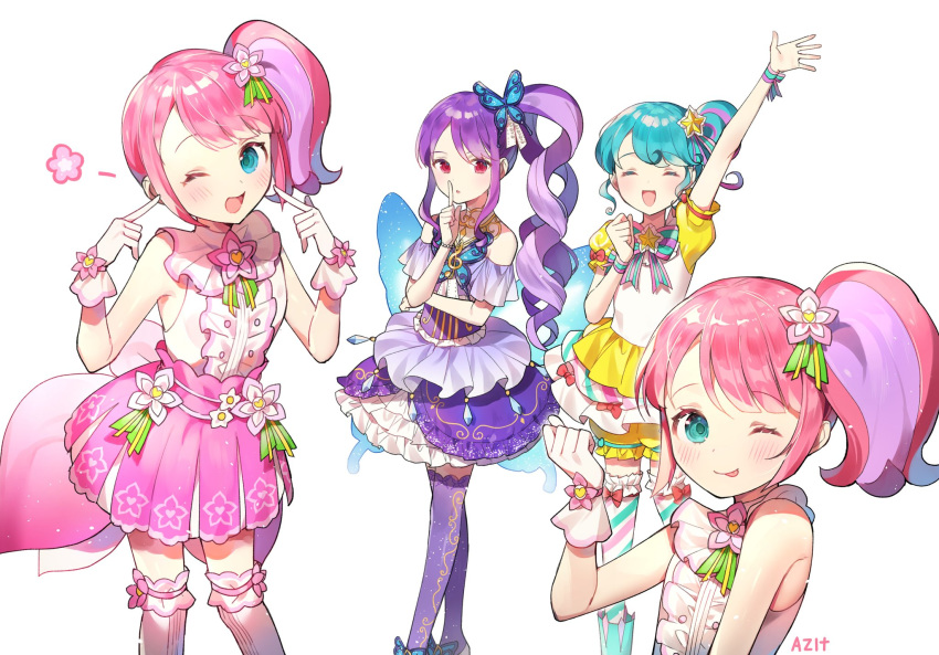 4girls :p arm_up azit_(down) blue_eyes butterfly_wings copyright_request dress hair_ornament hair_ribbon hand_on_own_face highres looking_at_viewer multiple_girls one_eye_closed open_mouth pink_dress pink_hair pointing pointing_at_self purple_hair red_eyes ribbon shirt sleeveless sleeveless_shirt tongue tongue_out wings