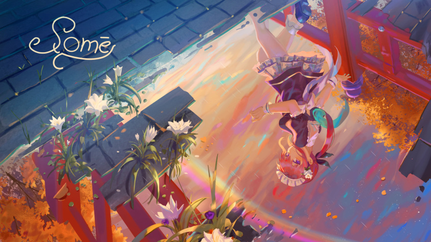 1girl bow brick_road flower hair_bow hair_flower hair_ornament highres hololive long_hair looking_down looking_to_the_side maid_headdress minato_aqua outdoors puddle purple_hair rainbow reflection sailor_collar signature solo tree twintails vinkyfre violet_eyes virtual_youtuber walking wrist_cuffs