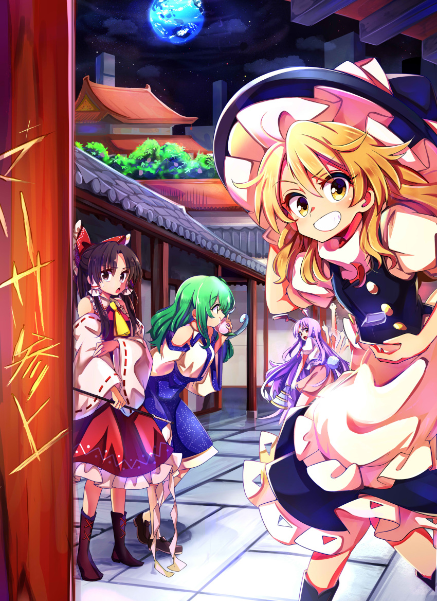4girls absurdres animal_ears apron ascot baba_(baba_seimaijo) bangs blonde_hair boots bow brown_eyes brown_hair bunny_tail buttons collared_shirt commentary_request detached_sleeves earth eating frilled_bow frilled_shirt_collar frilled_skirt frills frog_hair_ornament gohei green_eyes green_hair grin hair_bow hair_ornament hair_tubes hakurei_reimu half_updo hat hat_bow highres kirisame_marisa kneehighs kochiya_sanae lavender_hair legacy_of_lunatic_kingdom loafers long_hair looking_at_viewer lunatic_gun medium_skirt miniskirt multiple_girls necktie night night_sky nontraditional_miko open_mouth pink_skirt planet pointing puffy_short_sleeves puffy_sleeves rabbit_ears red_bow red_eyes red_shirt red_skirt reisen_udongein_inaba ribbon-trimmed_sleeves ribbon_trim shirt shoes short_sleeves sidelocks skirt sky smile snake_hair_ornament sweatdrop tail touhou translation_request turtleneck very_long_hair waist_apron white_bow white_legwear white_shirt wide_sleeves witch_hat yellow_eyes yellow_neckwear