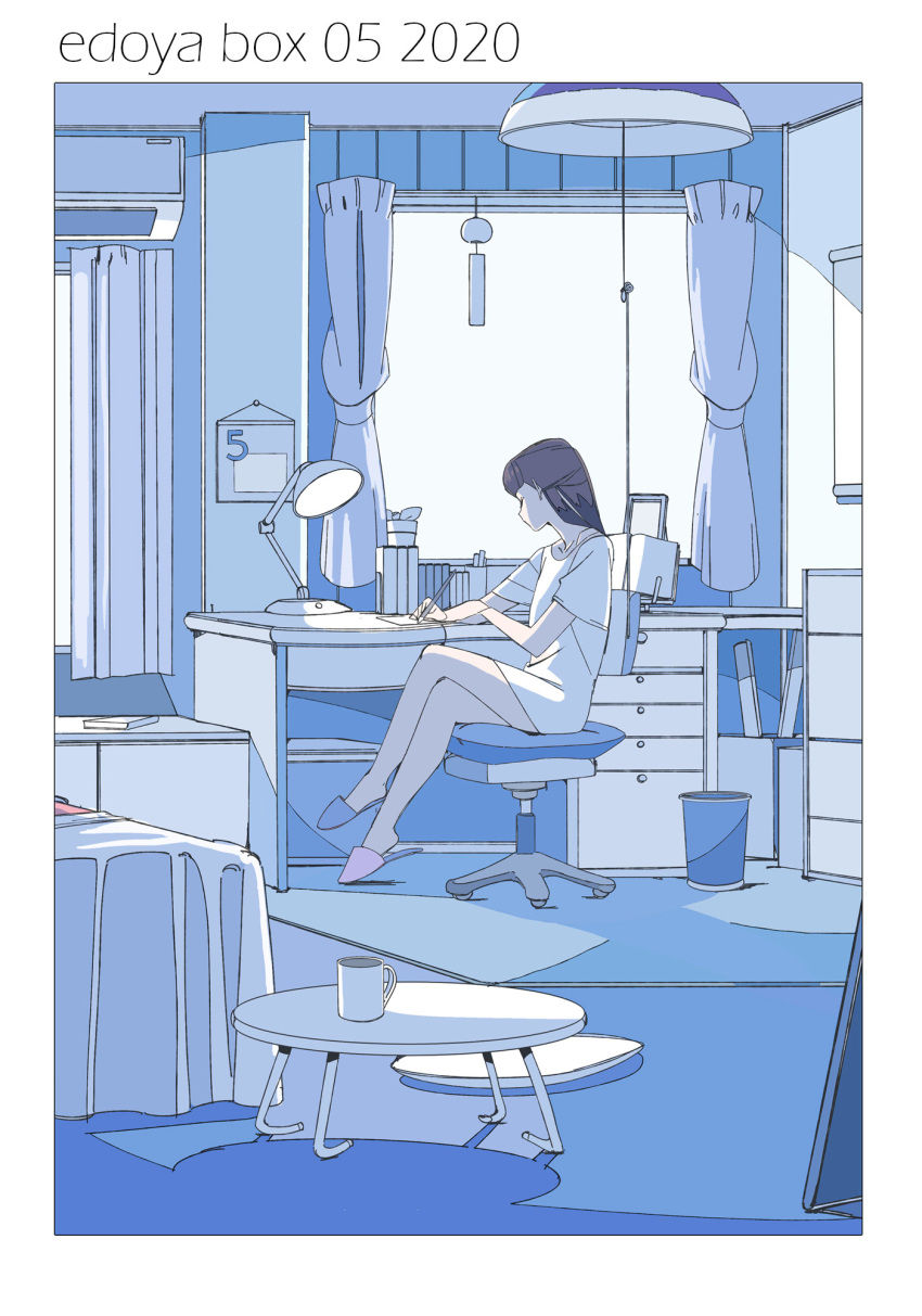 1girl air_conditioner bare_legs blue_theme book border brown_hair ceiling_light chair coffee_table commentary cup curtains desk desk_lamp edoya_inuhachi highres holding holding_pencil indoors lamp limited_palette long_hair mug office_chair original pencil plant potted_plant shirt short_sleeves sitting slippers solo white_border white_shirt wind_chime window writing