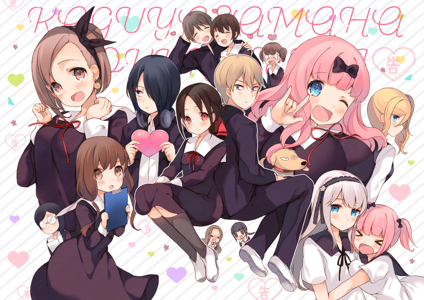 &gt;_&lt; 6+girls :d animal black_hair blue_eyes blush bow braid brown_eyes brown_hair clipboard closed_eyes dog everyone fujiwara_chika fujiwara_moeha glasses hair_bow hayasaka_ai heart highres hug iino_miko ishigami_yuu kaguya-sama_wa_kokurasetai_~tensai-tachi_no_renai_zunousen~ kashiwagi_nagisa kino_karen kose_erika koyasu_tsubame long_hair male_focus multiple_boys multiple_girls one_eye_closed open_mouth osaragi_kobachi pink_hair ribbon school_uniform senmen_kinuko shijo_maki shinomiya_kaguya shirogane_kei shirogane_miyuki short_hair smile twintails wavy_mouth xd