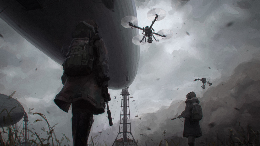 aircraft assault_rifle backpack bag boots clouds cloudy_sky coat dark dirigible drone gun headset highres hooded_coat military muted_color original rifle sandstorm sky sling soldier suppressor weapon wind winter_clothes winter_coat yakikoke