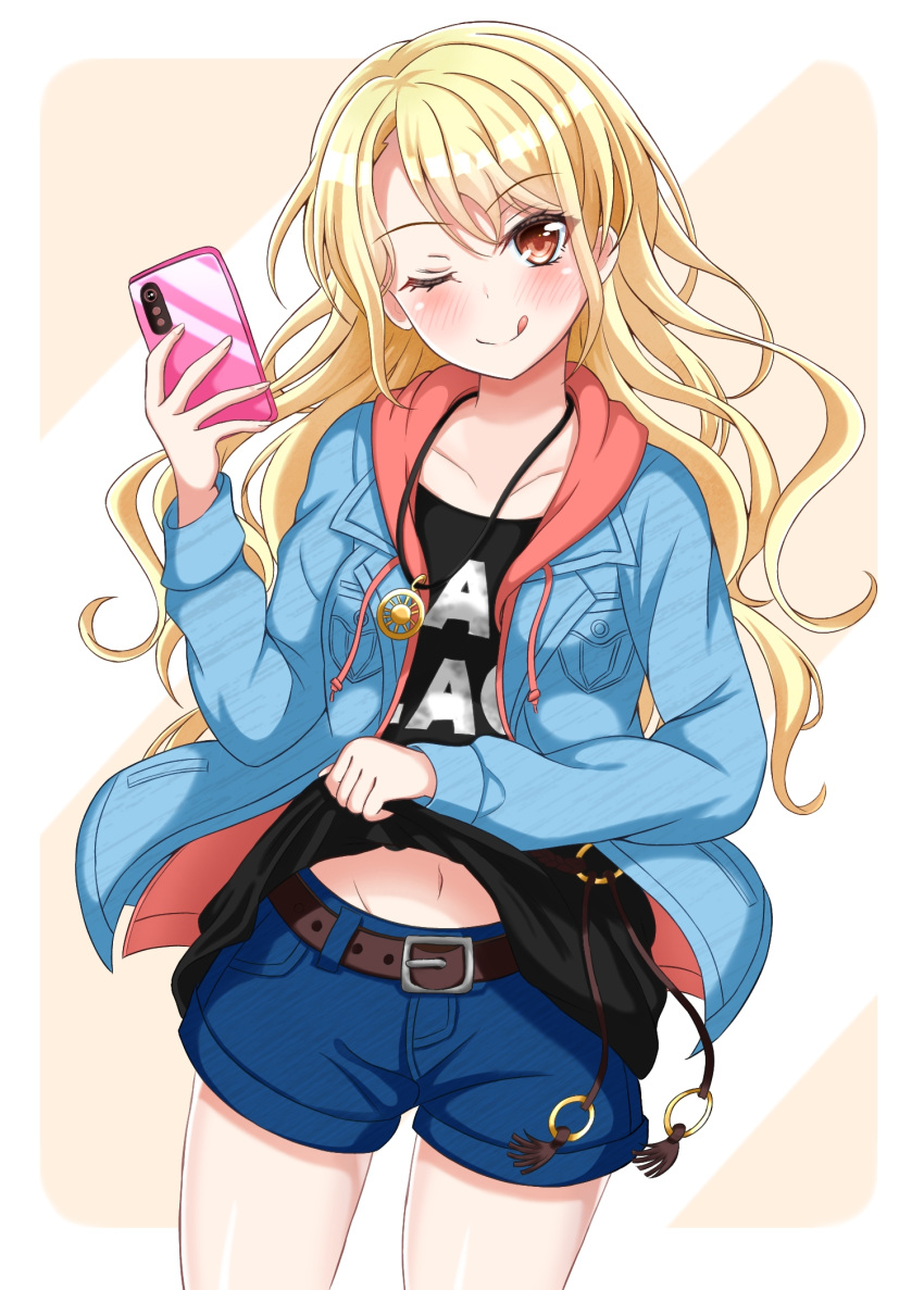 1girl ;q bang_dream! bangs belt black_shirt blonde_hair blush breast_pocket breasts brown_belt brown_eyes cellphone clothes_writing collarbone commentary_request cowboy_shot denim denim_jacket denim_shorts diagonal_stripes eyebrows_visible_through_hair groin hair_between_eyes hand_up highres holding holding_phone hood hood_down hooded_jacket jacket jewelry kirigaya_touko kurauchin_start lifted_by_self long_hair long_sleeves looking_at_viewer midriff_peek navel necklace one_eye_closed open_clothes open_jacket orange_background orange_jacket phone pocket self_shot shirt shirt_lift short_shorts shorts sidelocks small_breasts smartphone smile solo standing striped t-shirt tongue tongue_out two-tone_background white_background