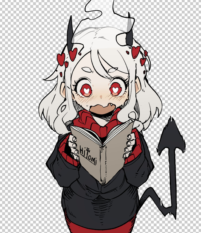 1girl black_suit blush ddari demon_girl demon_horns demon_tail expressive_tail heart heart-shaped_pupils helltaker highres horns long_sleeves modeus_(helltaker) red_eyes shirt skirt solo sweater symbol-shaped_pupils tail white_hair