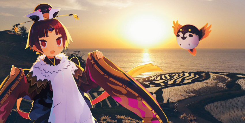 1girl backlighting bangs benienma_(fate/grand_order) bird bird_hat blush breasts brown_headwear dress fate/grand_order fate_(series) feather_trim gradient_hair harada_takehito highres japanese_clothes kimono long_hair long_sleeves looking_at_viewer low_ponytail multicolored_hair ocean official_art open_mouth parted_bangs red_eyes red_kimono redhead smile sparrow sunset twilight very_long_hair white_dress wide_sleeves