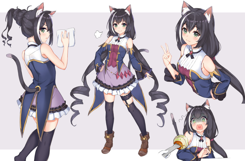 1girl @_@ animal_ears ankle_boots bare_shoulders black_hair black_legwear boots broken_heart brown_eyes cat_ears cat_girl cat_tail crying crying_with_eyes_open detached_sleeves dress fork frilled_dress frills from_behind grey_background hand_on_own_chest highres holding holding_fork karyl_(princess_connect!) long_hair long_sleeves looking_at_viewer looking_back low_twintails maggot multicolored multicolored_clothes multicolored_dress multicolored_hair multiple_views noboru_(kamine204136) parted_lips ponytail princess_connect! princess_connect!_re:dive sidelocks sleeveless sleeveless_dress sparkle streaked_hair tail tears thigh-highs thigh_strap turn_pale twintails two-tone_background v very_long_hair white_hair zettai_ryouiki