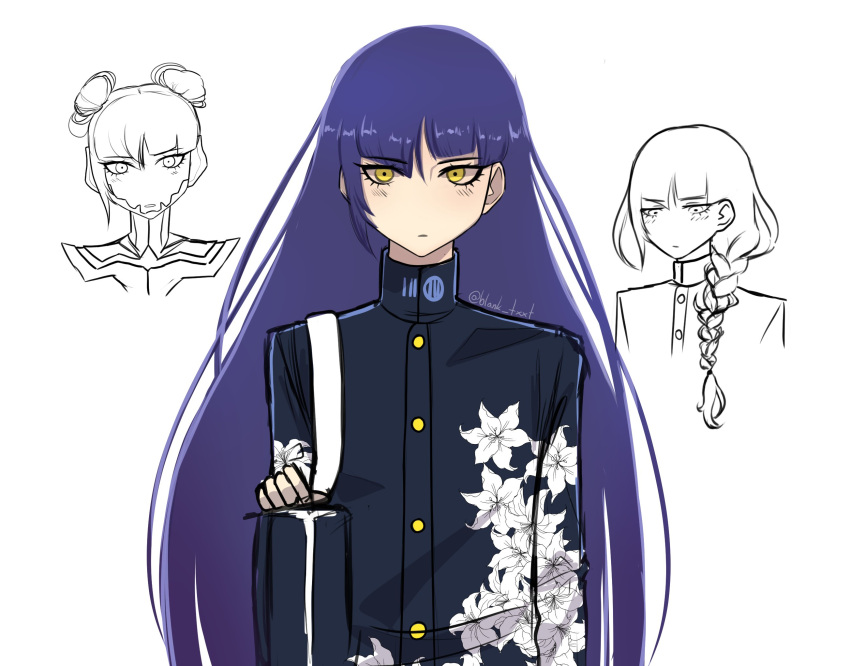 1boy bangs blank_txxt blush braid eyelashes highres long_hair looking_at_viewer male_focus otoko_no_ko protagonist_(smtv) purple_hair school_uniform shin_megami_tensei shin_megami_tensei_v simple_background solo very_long_hair yellow_eyes