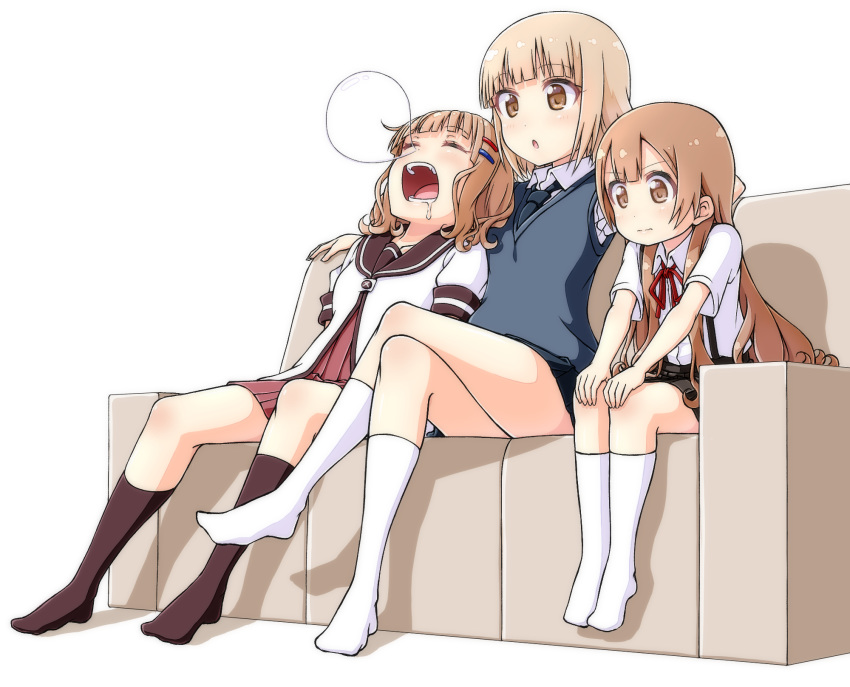 3girls bangs black_legwear blunt_bangs brown_eyes brown_hair closed_eyes couch dress_shirt drooling full_body hair_ornament hairclip hands_on_own_knees highres kneehighs light_brown_hair multiple_girls nanamori_school_uniform neck_ribbon necktie nose_bubble oomuro-ke oomuro_hanako oomuro_nadeshiko oomuro_sakurako open_mouth outstretched_arms pontasu red_neckwear ribbon saliva school_uniform serafuku shirt sitting skirt sleeping suspender_skirt suspenders vest white_background white_legwear yuru_yuri