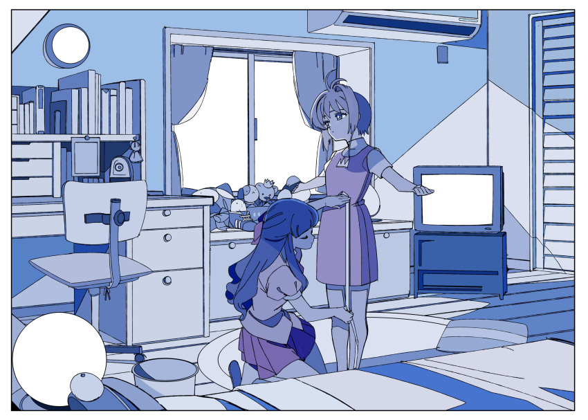 2girls air_conditioner antenna_hair bed bedroom blue_theme cardcaptor_sakura chair closed_eyes commentary cushion daidouji_tomoyo desk dress edoya_inuhachi hair_intakes half_updo highres indoors kinomoto_sakura kneeling limited_palette long_hair measuring multiple_girls outstretched_arms puffy_short_sleeves puffy_sleeves shirt short_hair short_sleeves skirt spread_arms standing stuffed_animal stuffed_toy tape_measure television window