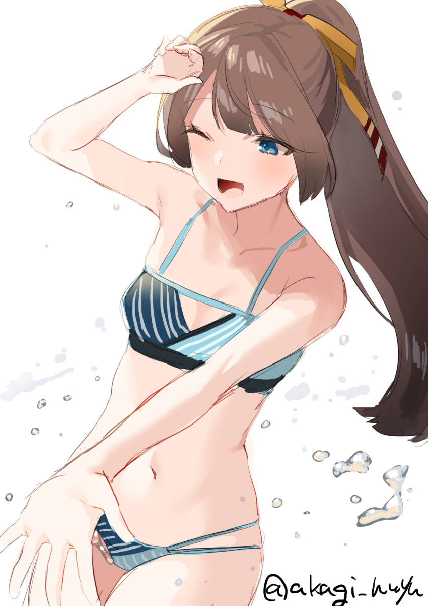 1girl blue_eyes brown_hair collarbone commentary_request cowboy_shot flat_chest hair_ribbon highres kantai_collection kazagumo_(kantai_collection) long_hair mizuki_eiru_(akagi_kurage) navel one_eye_closed ponytail ribbon solo splashing twitter_username water