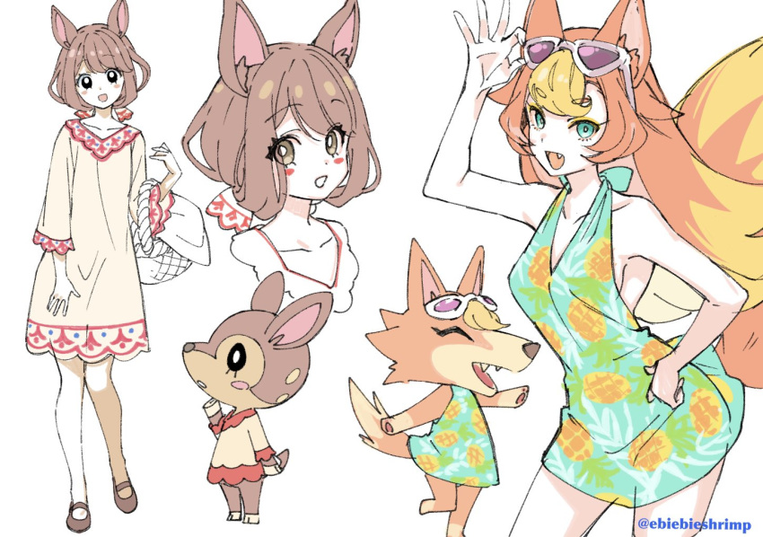 2girls animal animal_ears basket deer deer_ears deer_girl doremi_(doubutsu_no_mori) doubutsu_no_mori dress eyelashes eyewear_on_head green_eyes halter_dress mary_janes monika_(doubutsu_no_mori) multicolored_hair multiple_girls orange_fur personification pineapple_print shoes shuri_(84k) sunglasses tail wolf wolf_ears wolf_girl wolf_tail