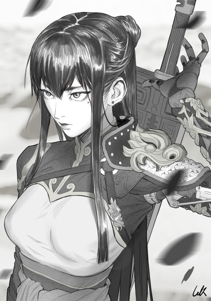 1girl arm_at_side arm_guards armor bangs braid chinese_clothes closed_mouth copyright_request earrings eyelashes gauntlets gloves greyscale hair_bun hair_strand half_updo hand_up highres jewelry lipstick lolik long_hair looking_away makeup mole mole_under_eye monochrome motion_blur pauldrons ready_to_draw sanpaku sash sidelocks solo stud_earrings sword sword_behind_back upper_body weapon