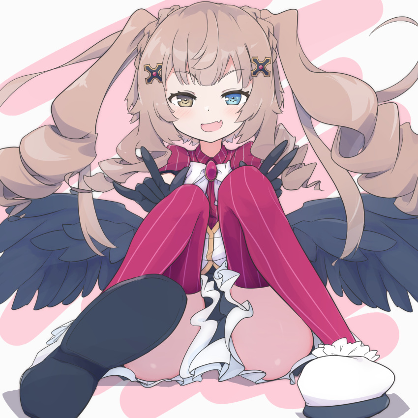 1girl \m/ bangs black_gloves black_skirt black_wings blue_eyes blush bow bowtie braid brown_hair commentary_request drill_hair eyebrows_visible_through_hair fang feathered_wings flat_chest frilled_skirt frills full_body gloves hair_ornament half-closed_eyes hands_up happy heterochromia highres knees_up long_hair mesugaki open_mouth pink_background puffy_short_sleeves puffy_sleeves red_legwear red_shirt shiny shiny_hair shiny_skin shirt shoes short_sleeves simple_background sitting skin_fang skirt smile solo striped striped_legwear thigh-highs tied_hair totomono twin_drills twintails two-tone_background virtual_youtuber w white_footwear white_neckwear wings x_enc'ount yellow_eyes