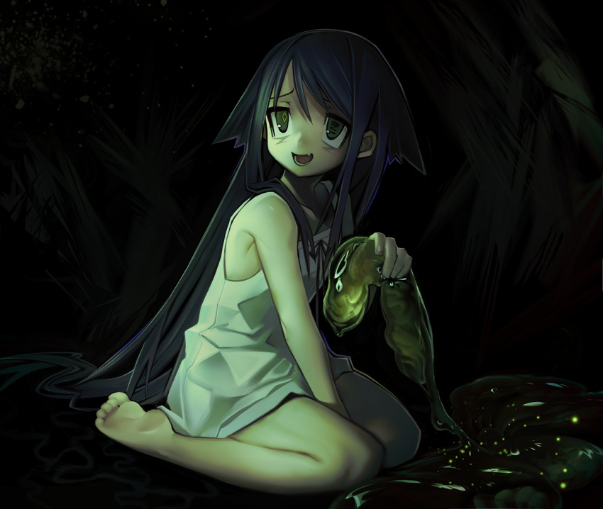 1girl arm_between_legs bare_shoulders barefoot black_hair fang fingernails green_eyes holding long_hair lower_teeth open_mouth ribbon saya saya_no_uta sitting slime solo teeth tongue v1v404 very_long_hair