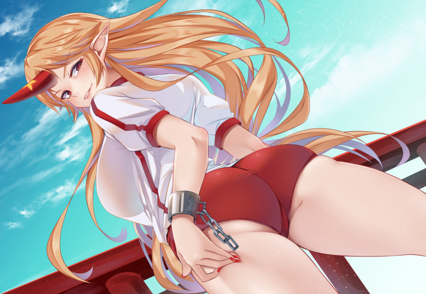 1girl ass blonde_hair blue_sky breasts buruma cuffs day dutch_angle from_behind highres horn hoshiguma_yuugi large_breasts looking_at_viewer looking_back nail_polish outdoors paburisiyasu parted_lips pointy_ears puffy_short_sleeves puffy_sleeves red_buruma red_eyes red_nails shackles shirt short_sleeves sky solo torii touhou white_shirt