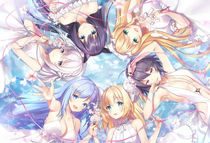 6+girls :d :p animal_ear_fluff animal_ears arm_up bangs bare_arms bare_shoulders black_hair blonde_hair blue_eyes blue_hair breasts character_request closed_mouth collarbone collared_dress commentary_request criss-cross_halter dress emori_el emori_miku emori_miku_project emu_alice eyebrows_visible_through_hair ezuki_luna flower green_eyes hair_between_eyes halterneck holding holding_flower holding_hands interlocked_fingers kagachi_saku long_hair lying medium_breasts multiple_girls off-shoulder_dress off_shoulder on_back open_mouth outstretched_arm pink_flower puffy_short_sleeves puffy_sleeves shallow_water short_sleeves silver_hair sleeveless sleeveless_dress smile tongue tongue_out violet_eyes water white_dress