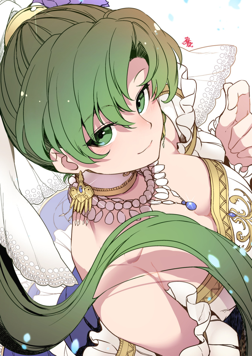 1girl bride bride_(fire_emblem) closed_mouth earrings fire_emblem fire_emblem:_the_blazing_blade fire_emblem_heroes green_eyes green_hair highres jewelry long_hair lyn_(fire_emblem) nakabayashi_zun necklace ponytail simple_background smile solo upper_body white_background